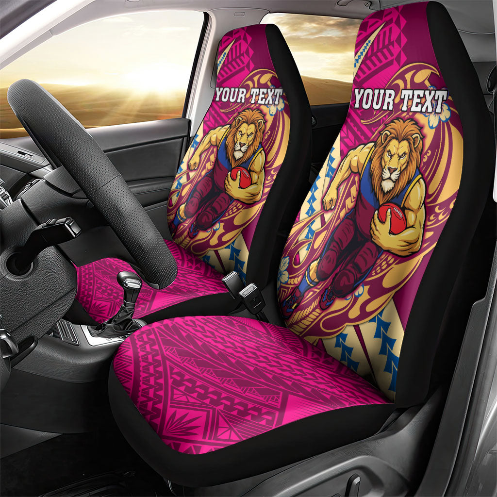 Personalized Brisbane Lions Car Seat Cover Polynesian Tribal Lion Mascot With Hibiscus Floral Art