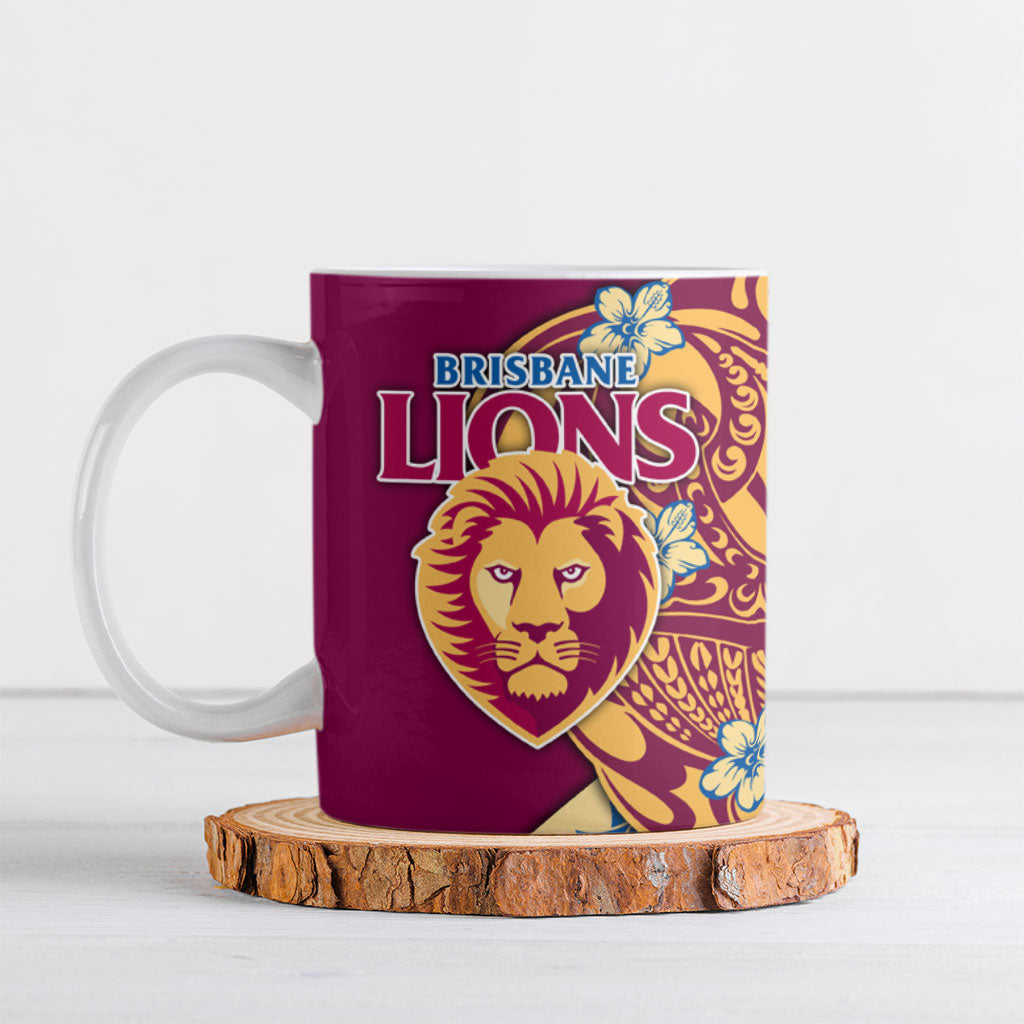 Personalized Brisbane Lions Ceramic Mug Polynesian Tribal Lion Mascot With Hibiscus Floral Art