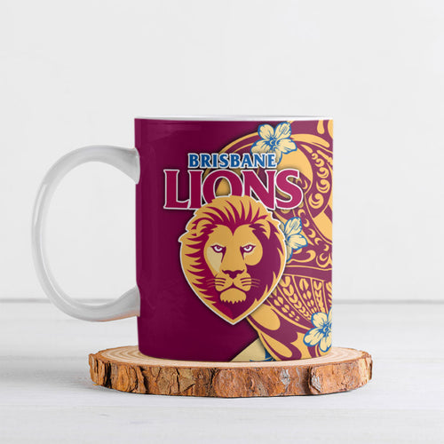 Personalized Brisbane Lions Ceramic Mug Polynesian Tribal Lion Mascot With Hibiscus Floral Art