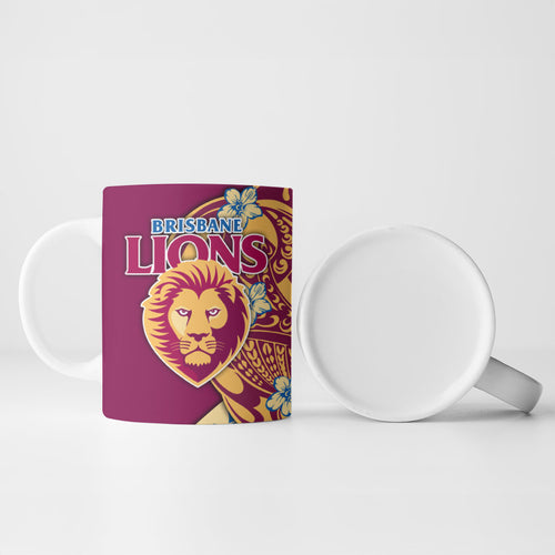 Personalized Brisbane Lions Ceramic Mug Polynesian Tribal Lion Mascot With Hibiscus Floral Art