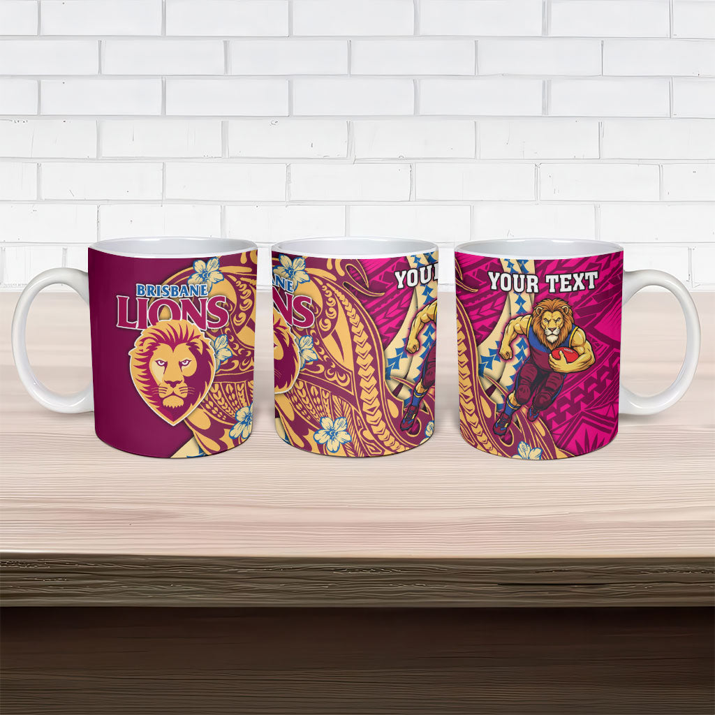 Personalized Brisbane Lions Ceramic Mug Polynesian Tribal Lion Mascot With Hibiscus Floral Art