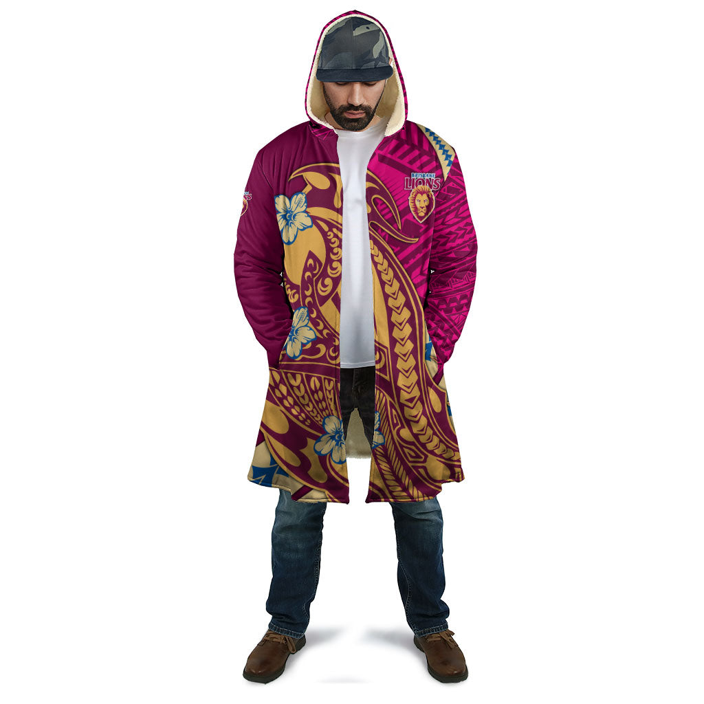 Personalized Brisbane Lions Cloak Polynesian Tribal Lion Mascot With Hibiscus Floral Art