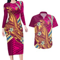 Personalized Brisbane Lions Couples Matching Long Sleeve Bodycon Dress and Hawaiian Shirt Polynesian Tribal Lion Mascot With Hibiscus Floral Art