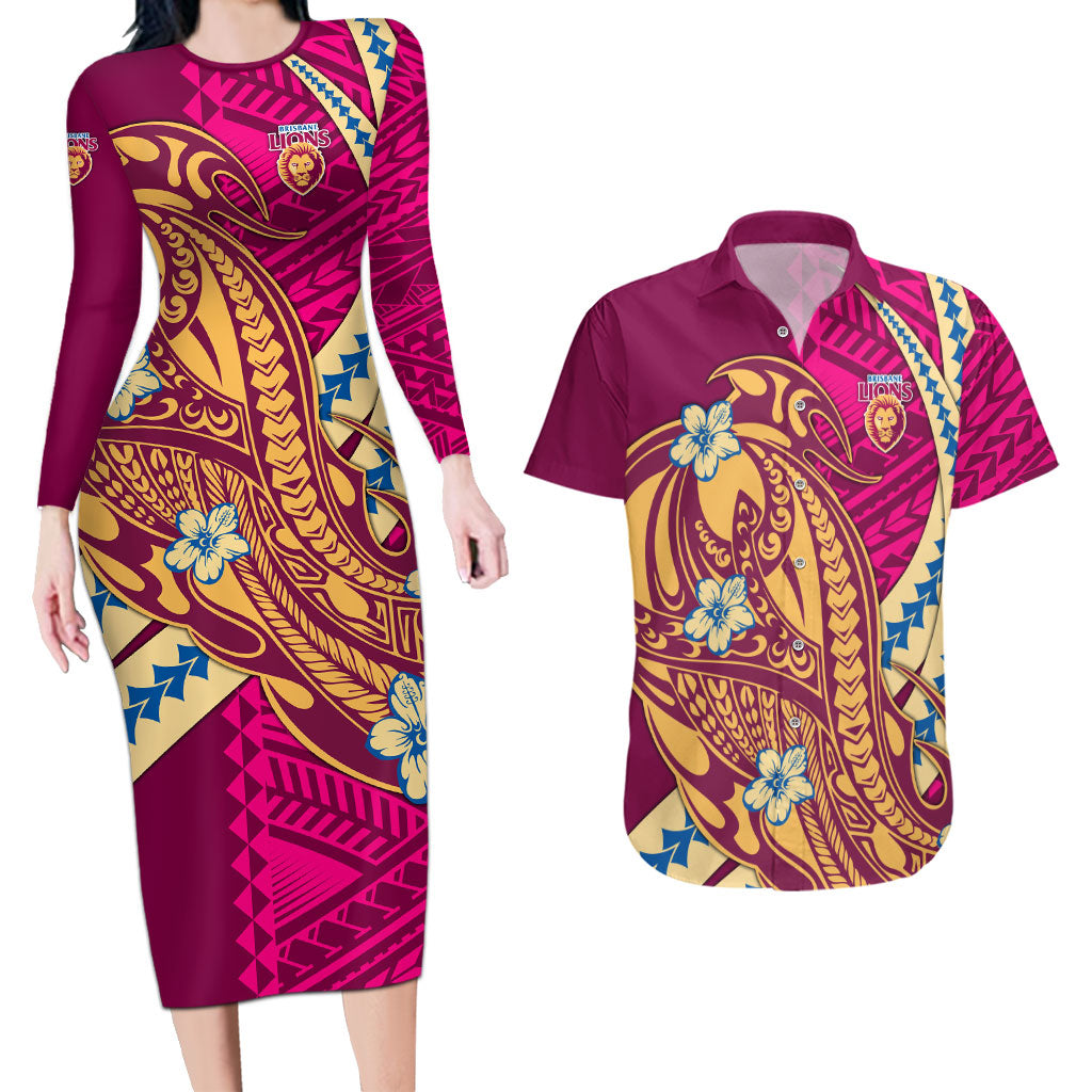 Personalized Brisbane Lions Couples Matching Long Sleeve Bodycon Dress and Hawaiian Shirt Polynesian Tribal Lion Mascot With Hibiscus Floral Art
