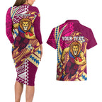 Personalized Brisbane Lions Couples Matching Long Sleeve Bodycon Dress and Hawaiian Shirt Polynesian Tribal Lion Mascot With Hibiscus Floral Art