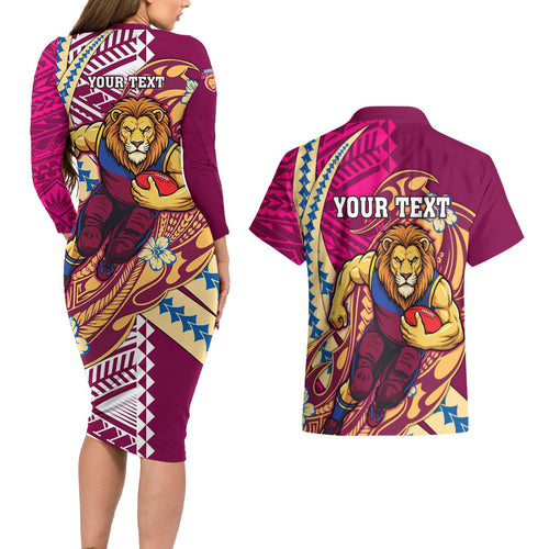 Personalized Brisbane Lions Couples Matching Long Sleeve Bodycon Dress and Hawaiian Shirt Polynesian Tribal Lion Mascot With Hibiscus Floral Art