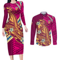 Personalized Brisbane Lions Couples Matching Long Sleeve Bodycon Dress and Long Sleeve Button Shirt Polynesian Tribal Lion Mascot With Hibiscus Floral Art