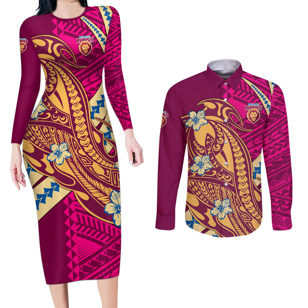 Personalized Brisbane Lions Couples Matching Long Sleeve Bodycon Dress and Long Sleeve Button Shirt Polynesian Tribal Lion Mascot With Hibiscus Floral Art