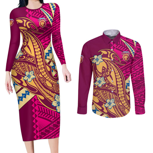 Personalized Brisbane Lions Couples Matching Long Sleeve Bodycon Dress and Long Sleeve Button Shirt Polynesian Tribal Lion Mascot With Hibiscus Floral Art