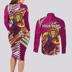 Personalized Brisbane Lions Couples Matching Long Sleeve Bodycon Dress and Long Sleeve Button Shirt Polynesian Tribal Lion Mascot With Hibiscus Floral Art