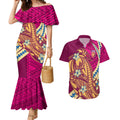 Personalized Brisbane Lions Couples Matching Mermaid Dress and Hawaiian Shirt Polynesian Tribal Lion Mascot With Hibiscus Floral Art