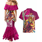 Personalized Brisbane Lions Couples Matching Mermaid Dress and Hawaiian Shirt Polynesian Tribal Lion Mascot With Hibiscus Floral Art