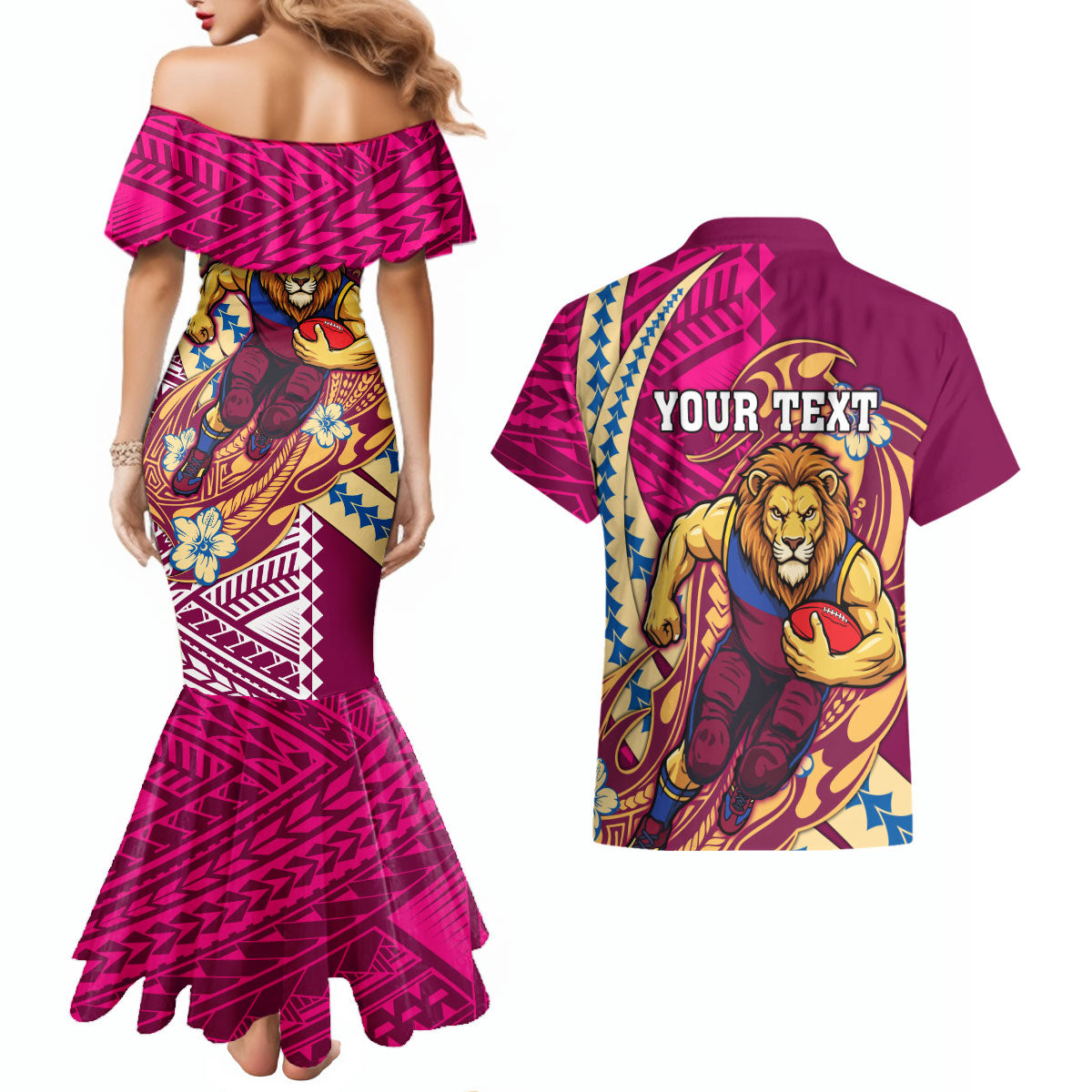 Personalized Brisbane Lions Couples Matching Mermaid Dress and Hawaiian Shirt Polynesian Tribal Lion Mascot With Hibiscus Floral Art