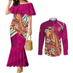 Personalized Brisbane Lions Couples Matching Mermaid Dress and Long Sleeve Button Shirt Polynesian Tribal Lion Mascot With Hibiscus Floral Art