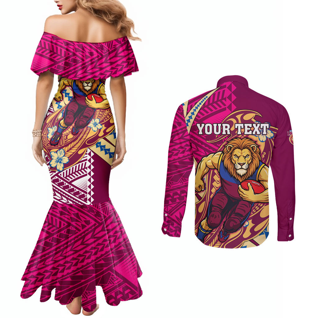 Personalized Brisbane Lions Couples Matching Mermaid Dress and Long Sleeve Button Shirt Polynesian Tribal Lion Mascot With Hibiscus Floral Art