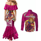 Personalized Brisbane Lions Couples Matching Mermaid Dress and Long Sleeve Button Shirt Polynesian Tribal Lion Mascot With Hibiscus Floral Art