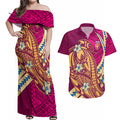 Personalized Brisbane Lions Couples Matching Off Shoulder Maxi Dress and Hawaiian Shirt Polynesian Tribal Lion Mascot With Hibiscus Floral Art