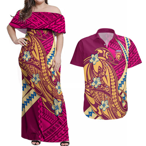 Personalized Brisbane Lions Couples Matching Off Shoulder Maxi Dress and Hawaiian Shirt Polynesian Tribal Lion Mascot With Hibiscus Floral Art