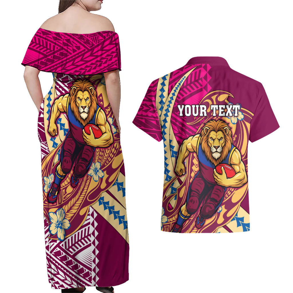 Personalized Brisbane Lions Couples Matching Off Shoulder Maxi Dress and Hawaiian Shirt Polynesian Tribal Lion Mascot With Hibiscus Floral Art
