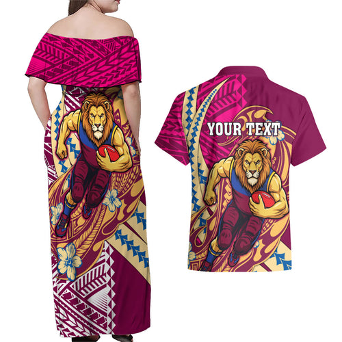 Personalized Brisbane Lions Couples Matching Off Shoulder Maxi Dress and Hawaiian Shirt Polynesian Tribal Lion Mascot With Hibiscus Floral Art