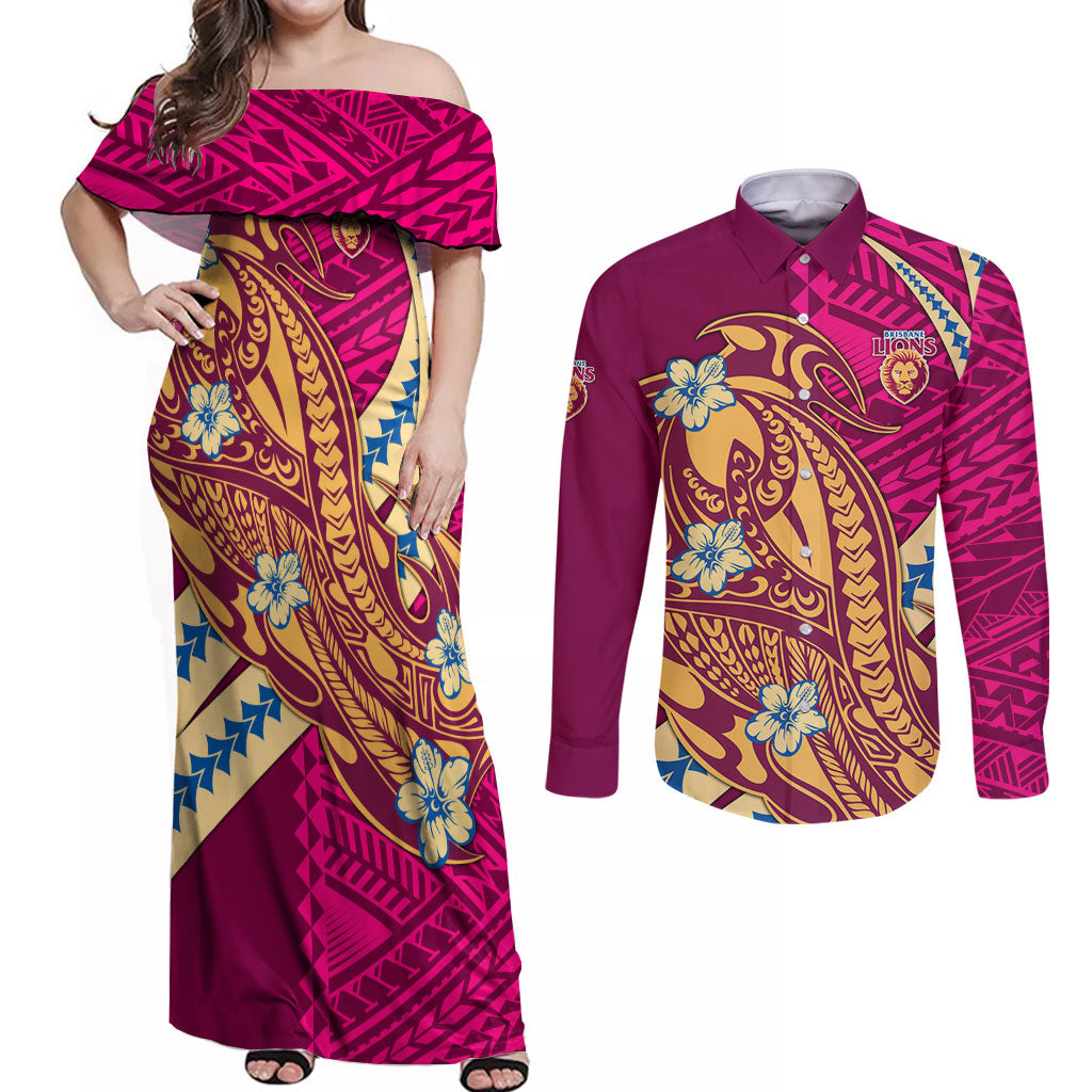 Personalized Brisbane Lions Couples Matching Off Shoulder Maxi Dress and Long Sleeve Button Shirt Polynesian Tribal Lion Mascot With Hibiscus Floral Art