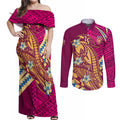 Personalized Brisbane Lions Couples Matching Off Shoulder Maxi Dress and Long Sleeve Button Shirt Polynesian Tribal Lion Mascot With Hibiscus Floral Art
