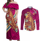 Personalized Brisbane Lions Couples Matching Off Shoulder Maxi Dress and Long Sleeve Button Shirt Polynesian Tribal Lion Mascot With Hibiscus Floral Art