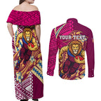 Personalized Brisbane Lions Couples Matching Off Shoulder Maxi Dress and Long Sleeve Button Shirt Polynesian Tribal Lion Mascot With Hibiscus Floral Art