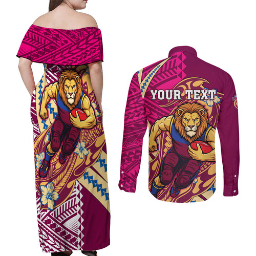 Personalized Brisbane Lions Couples Matching Off Shoulder Maxi Dress and Long Sleeve Button Shirt Polynesian Tribal Lion Mascot With Hibiscus Floral Art