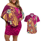 Personalized Brisbane Lions Couples Matching Off Shoulder Short Dress and Hawaiian Shirt Polynesian Tribal Lion Mascot With Hibiscus Floral Art