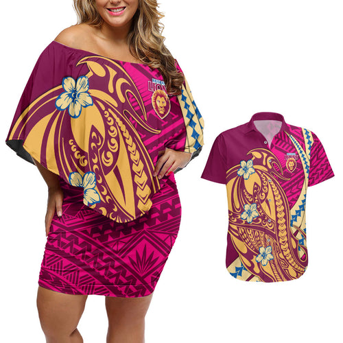 Personalized Brisbane Lions Couples Matching Off Shoulder Short Dress and Hawaiian Shirt Polynesian Tribal Lion Mascot With Hibiscus Floral Art