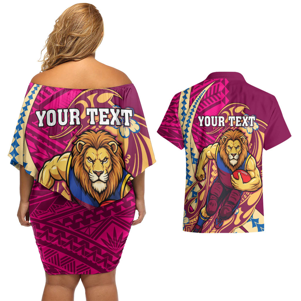 Personalized Brisbane Lions Couples Matching Off Shoulder Short Dress and Hawaiian Shirt Polynesian Tribal Lion Mascot With Hibiscus Floral Art