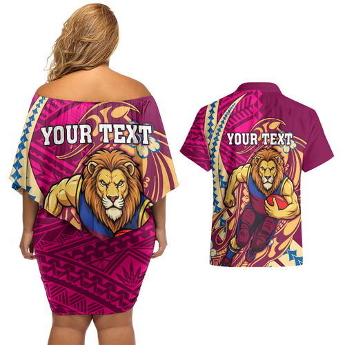 Personalized Brisbane Lions Couples Matching Off Shoulder Short Dress and Hawaiian Shirt Polynesian Tribal Lion Mascot With Hibiscus Floral Art