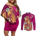 Personalized Brisbane Lions Couples Matching Off Shoulder Short Dress and Long Sleeve Button Shirt Polynesian Tribal Lion Mascot With Hibiscus Floral Art