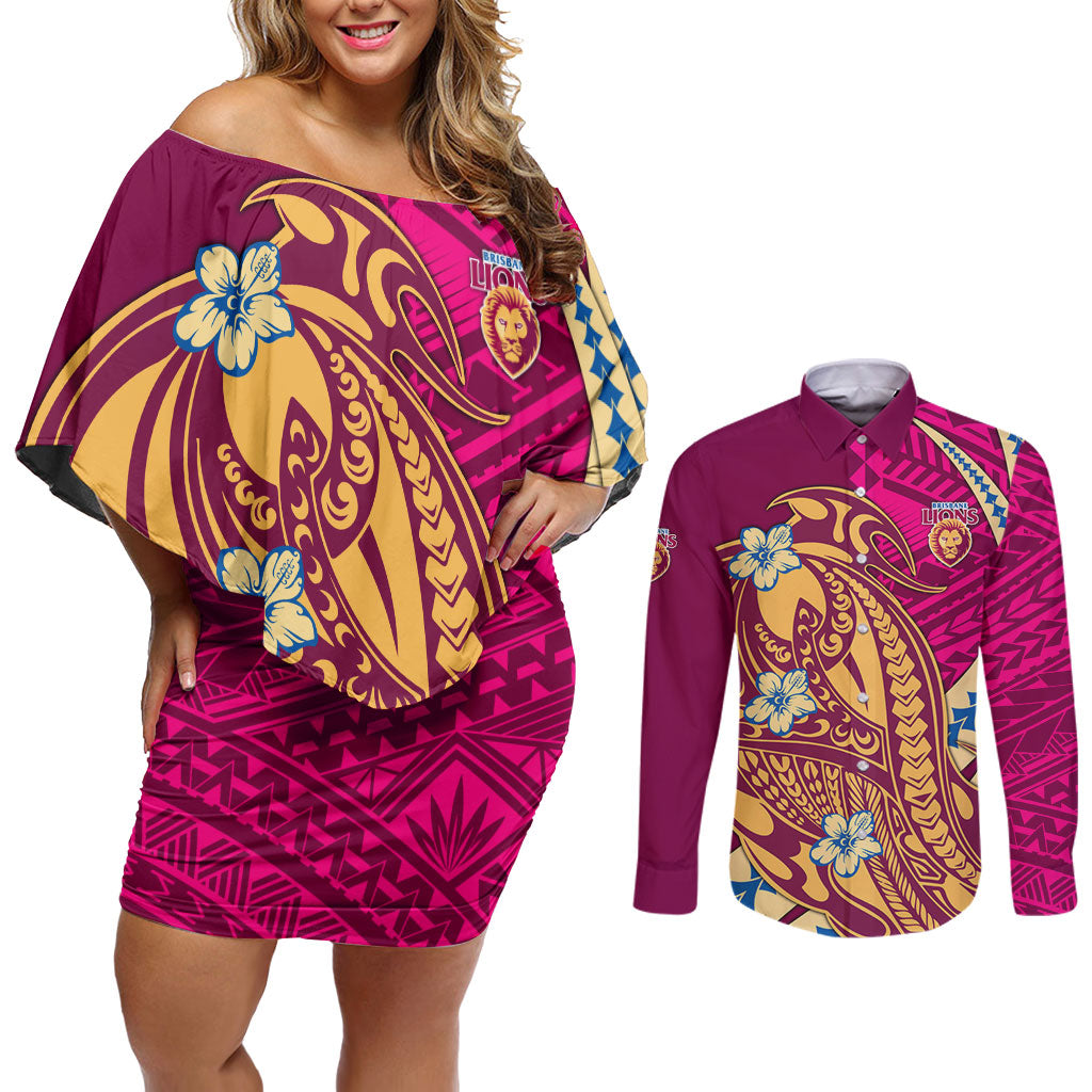 Personalized Brisbane Lions Couples Matching Off Shoulder Short Dress and Long Sleeve Button Shirt Polynesian Tribal Lion Mascot With Hibiscus Floral Art