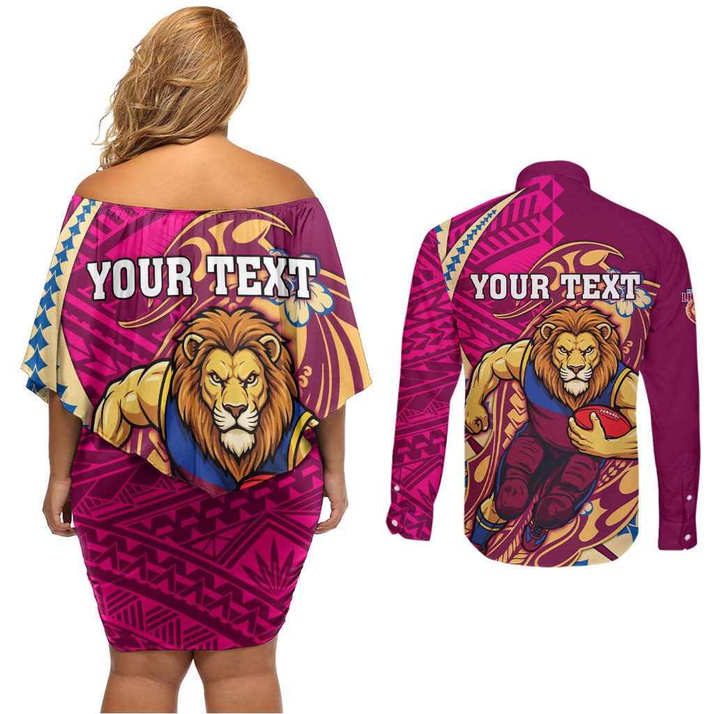 Personalized Brisbane Lions Couples Matching Off Shoulder Short Dress and Long Sleeve Button Shirt Polynesian Tribal Lion Mascot With Hibiscus Floral Art
