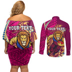 Personalized Brisbane Lions Couples Matching Off Shoulder Short Dress and Long Sleeve Button Shirt Polynesian Tribal Lion Mascot With Hibiscus Floral Art