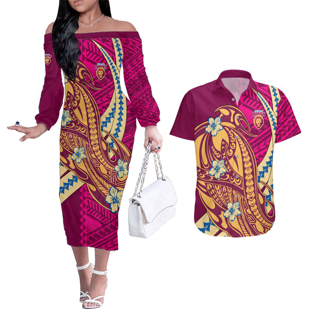 Personalized Brisbane Lions Couples Matching Off The Shoulder Long Sleeve Dress and Hawaiian Shirt Polynesian Tribal Lion Mascot With Hibiscus Floral Art