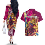Personalized Brisbane Lions Couples Matching Off The Shoulder Long Sleeve Dress and Hawaiian Shirt Polynesian Tribal Lion Mascot With Hibiscus Floral Art