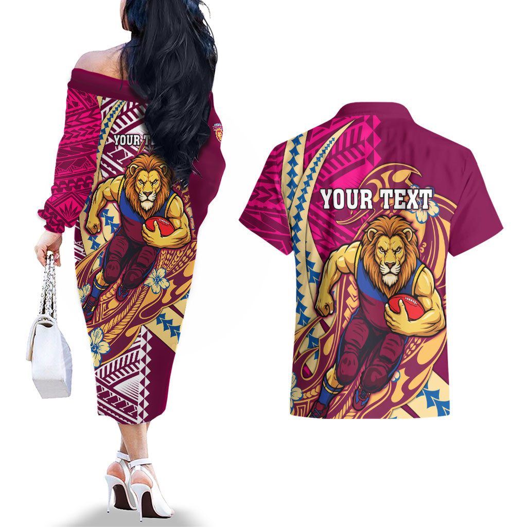 Personalized Brisbane Lions Couples Matching Off The Shoulder Long Sleeve Dress and Hawaiian Shirt Polynesian Tribal Lion Mascot With Hibiscus Floral Art