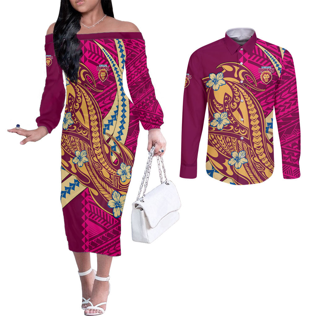 Personalized Brisbane Lions Couples Matching Off The Shoulder Long Sleeve Dress and Long Sleeve Button Shirt Polynesian Tribal Lion Mascot With Hibiscus Floral Art