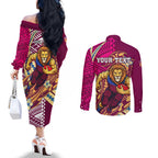 Personalized Brisbane Lions Couples Matching Off The Shoulder Long Sleeve Dress and Long Sleeve Button Shirt Polynesian Tribal Lion Mascot With Hibiscus Floral Art