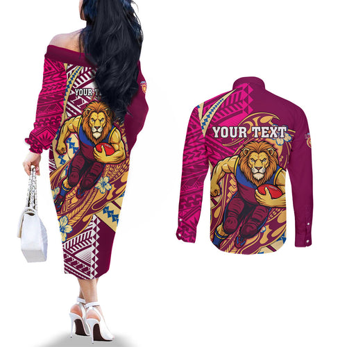 Personalized Brisbane Lions Couples Matching Off The Shoulder Long Sleeve Dress and Long Sleeve Button Shirt Polynesian Tribal Lion Mascot With Hibiscus Floral Art