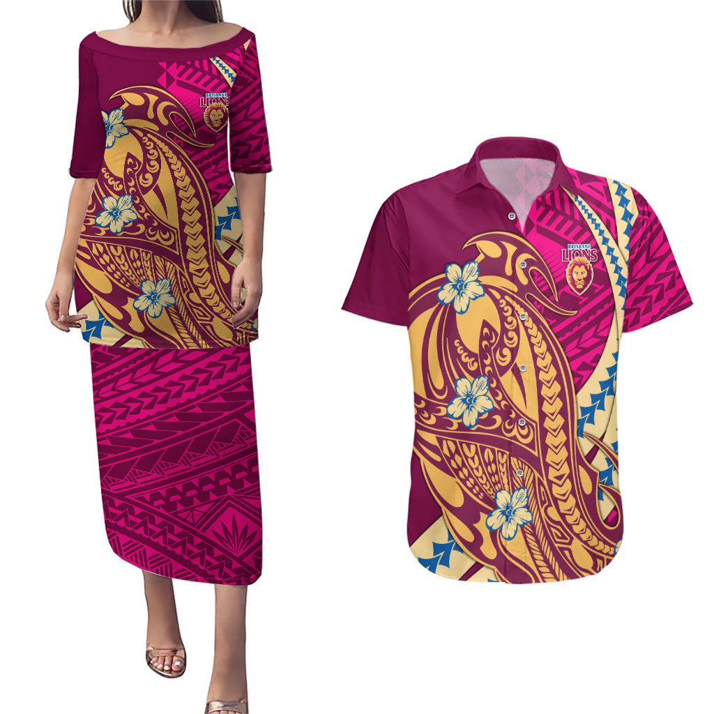 Personalized Brisbane Lions Couples Matching Puletasi and Hawaiian Shirt Polynesian Tribal Lion Mascot With Hibiscus Floral Art