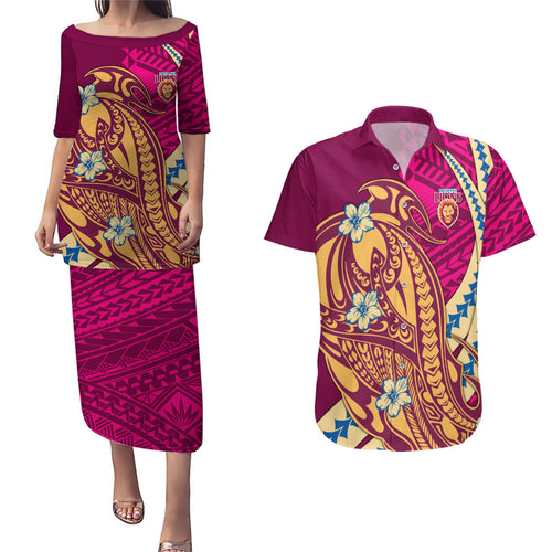 Personalized Brisbane Lions Couples Matching Puletasi and Hawaiian Shirt Polynesian Tribal Lion Mascot With Hibiscus Floral Art