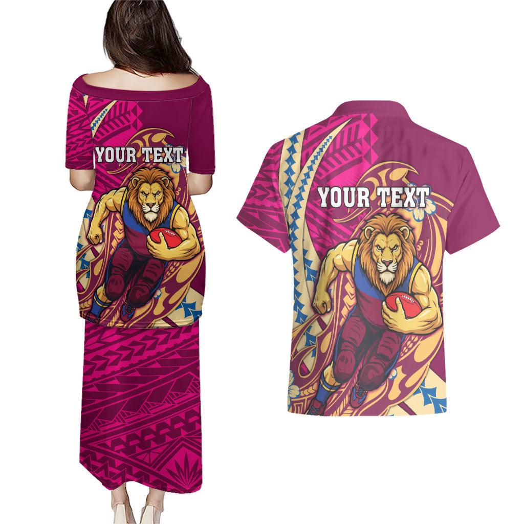 Personalized Brisbane Lions Couples Matching Puletasi and Hawaiian Shirt Polynesian Tribal Lion Mascot With Hibiscus Floral Art