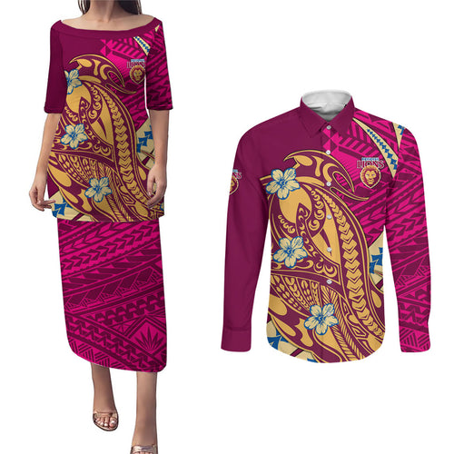 Personalized Brisbane Lions Couples Matching Puletasi and Long Sleeve Button Shirt Polynesian Tribal Lion Mascot With Hibiscus Floral Art