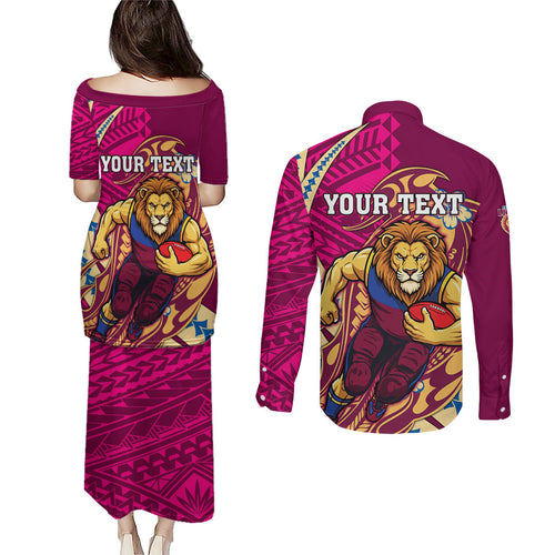 Personalized Brisbane Lions Couples Matching Puletasi and Long Sleeve Button Shirt Polynesian Tribal Lion Mascot With Hibiscus Floral Art