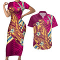 Personalized Brisbane Lions Couples Matching Short Sleeve Bodycon Dress and Hawaiian Shirt Polynesian Tribal Lion Mascot With Hibiscus Floral Art