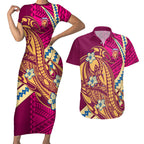 Personalized Brisbane Lions Couples Matching Short Sleeve Bodycon Dress and Hawaiian Shirt Polynesian Tribal Lion Mascot With Hibiscus Floral Art